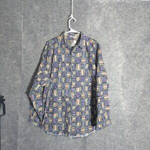 The Territory Ahead Shirt Mens XL Teal Tiki Mask Tribal Long Sleeve Cotton Boho